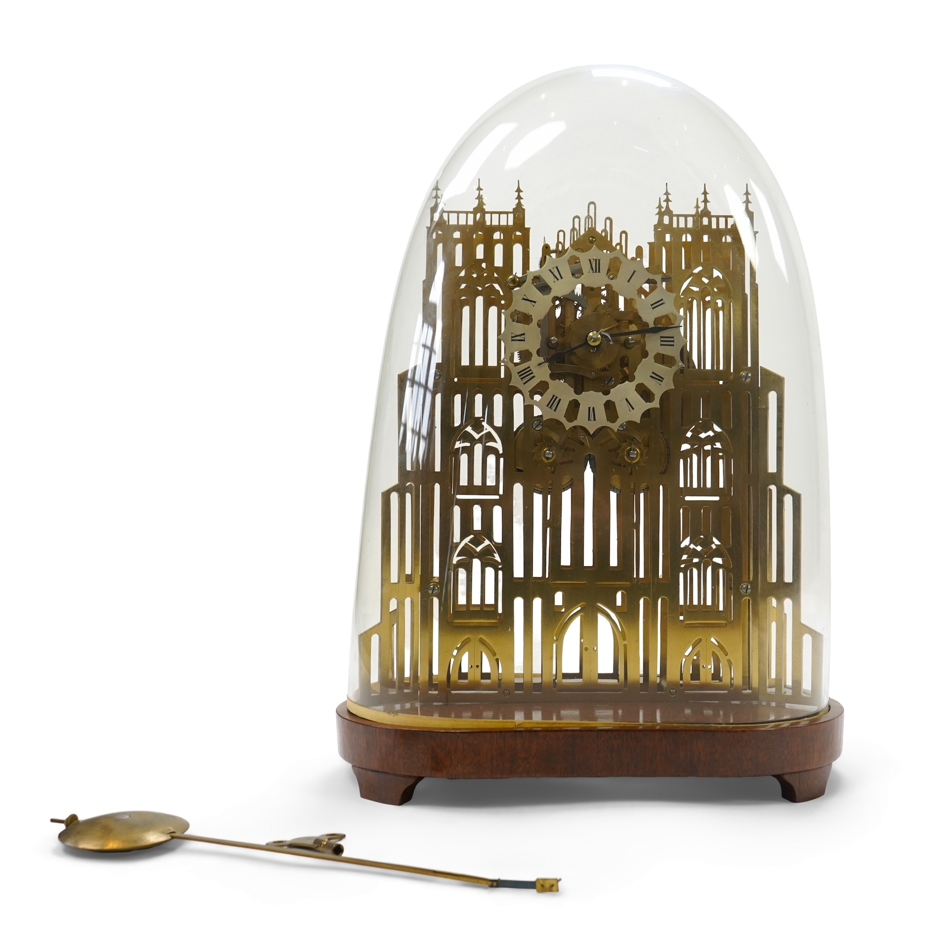 A mid 20th century brass skeleton ‘Cathedral’ clock